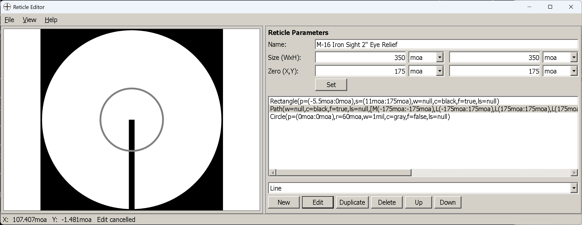 The reticle editor: the rendered reticle on the left, and on the right the reticle parameters, the element list with each element spelled out as text, and the New/Edit/Duplicate/Delete/Up/Down buttons
